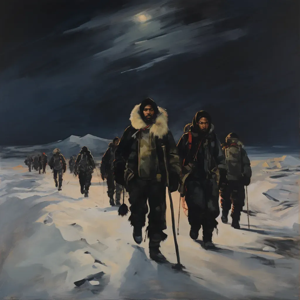 Group of explorers trekking across a vast icy tundra under a starlit sky - Image 1