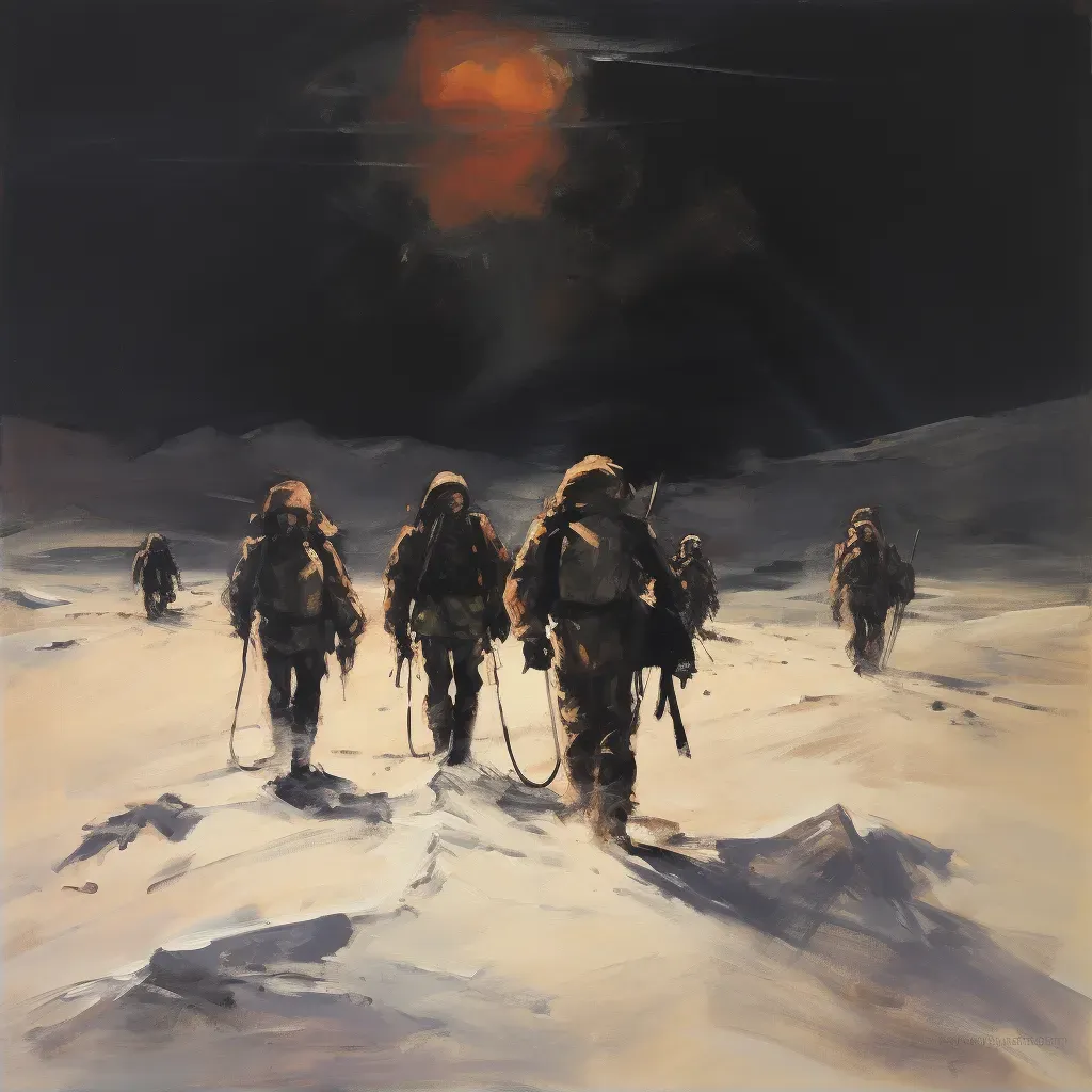 Group of explorers trekking across a vast icy tundra under a starlit sky - Image 2