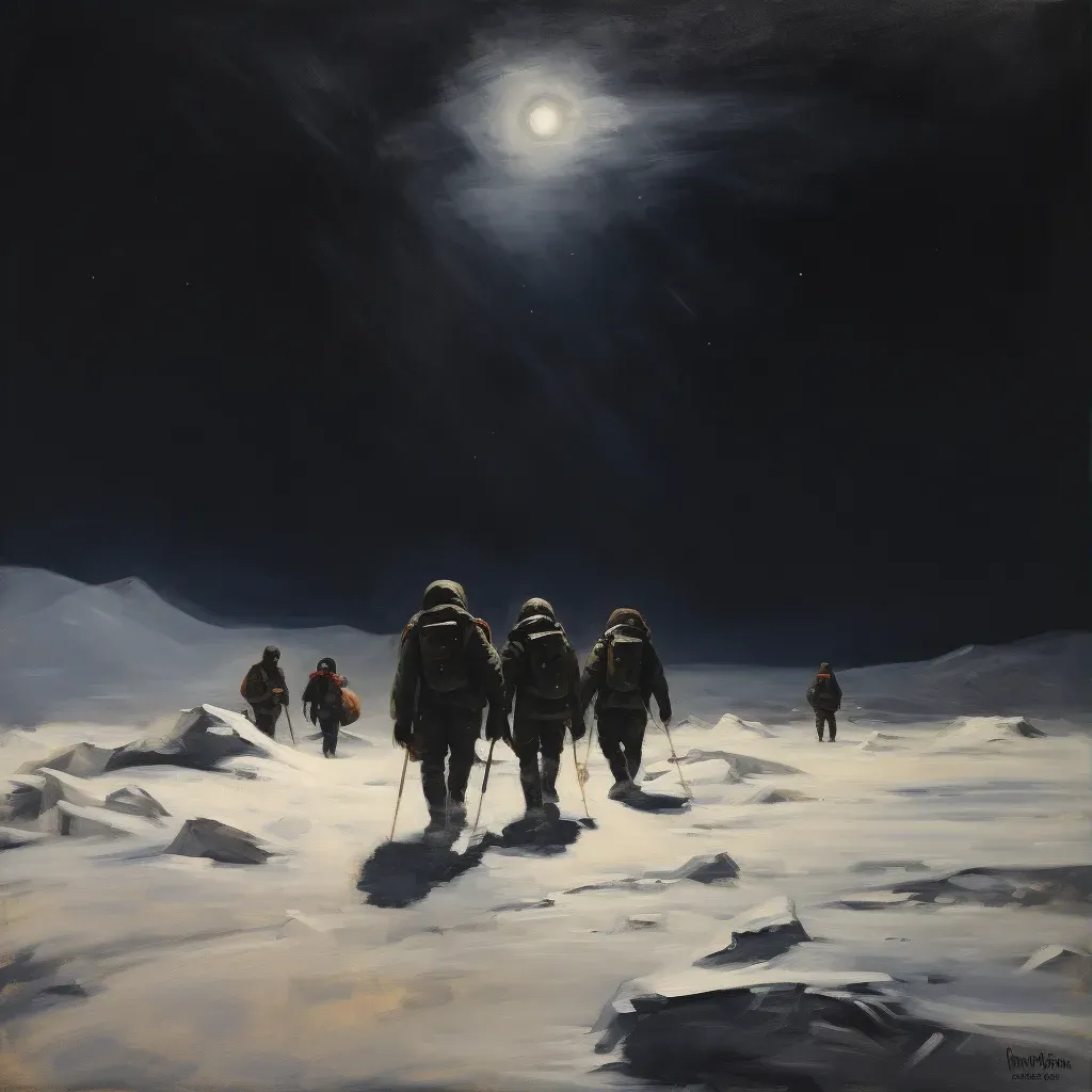 Group of explorers trekking across a vast icy tundra under a starlit sky - Image 3