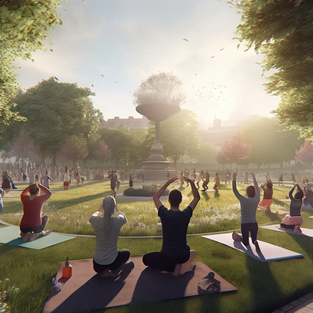 Community yoga session in park with people meditating - Image 1