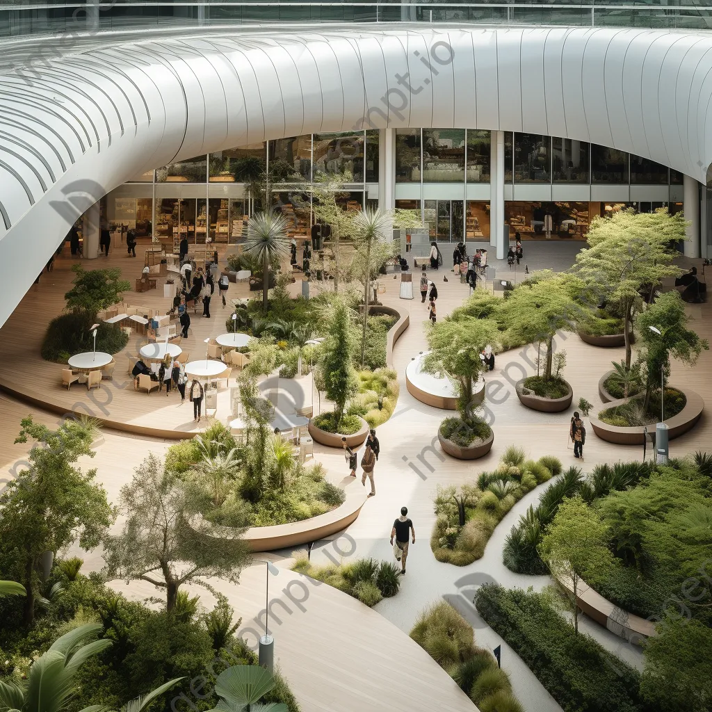 Aerial view of a modern shopping center with boutiques and greenery. - Image 1