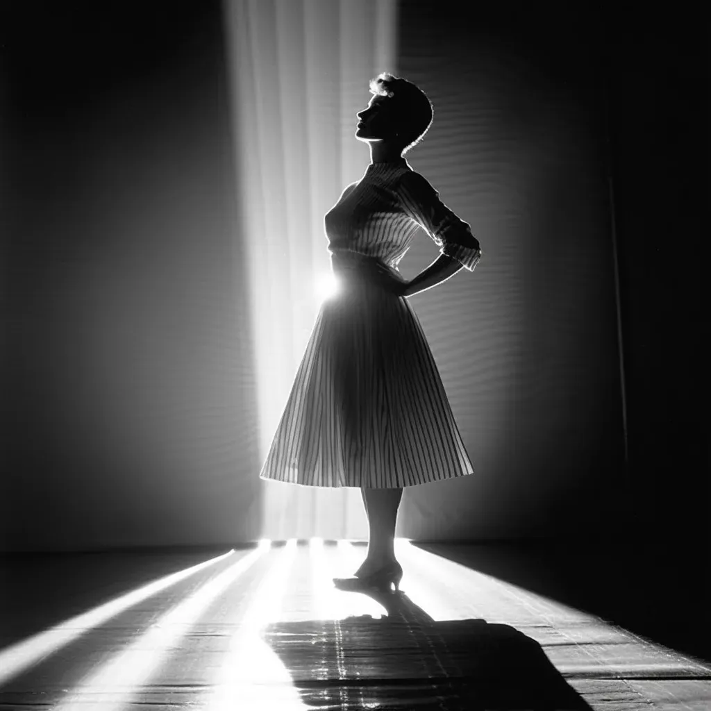 A figure stepping into illuminating light from shadows in a transformative moment captured in an image. - Image 1