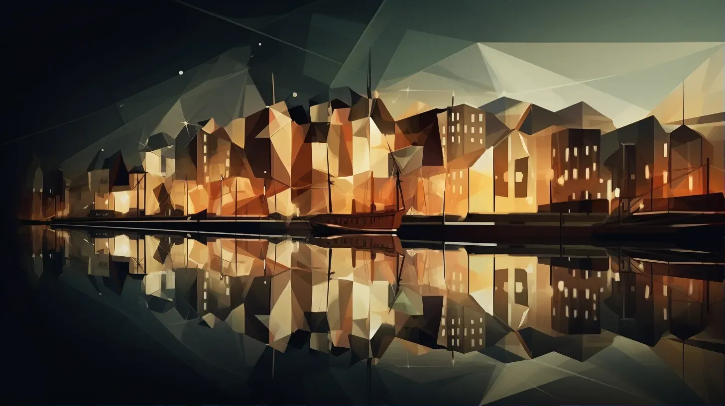 Low poly night cityscape with lit buildings and polygonal river reflection - Image 1