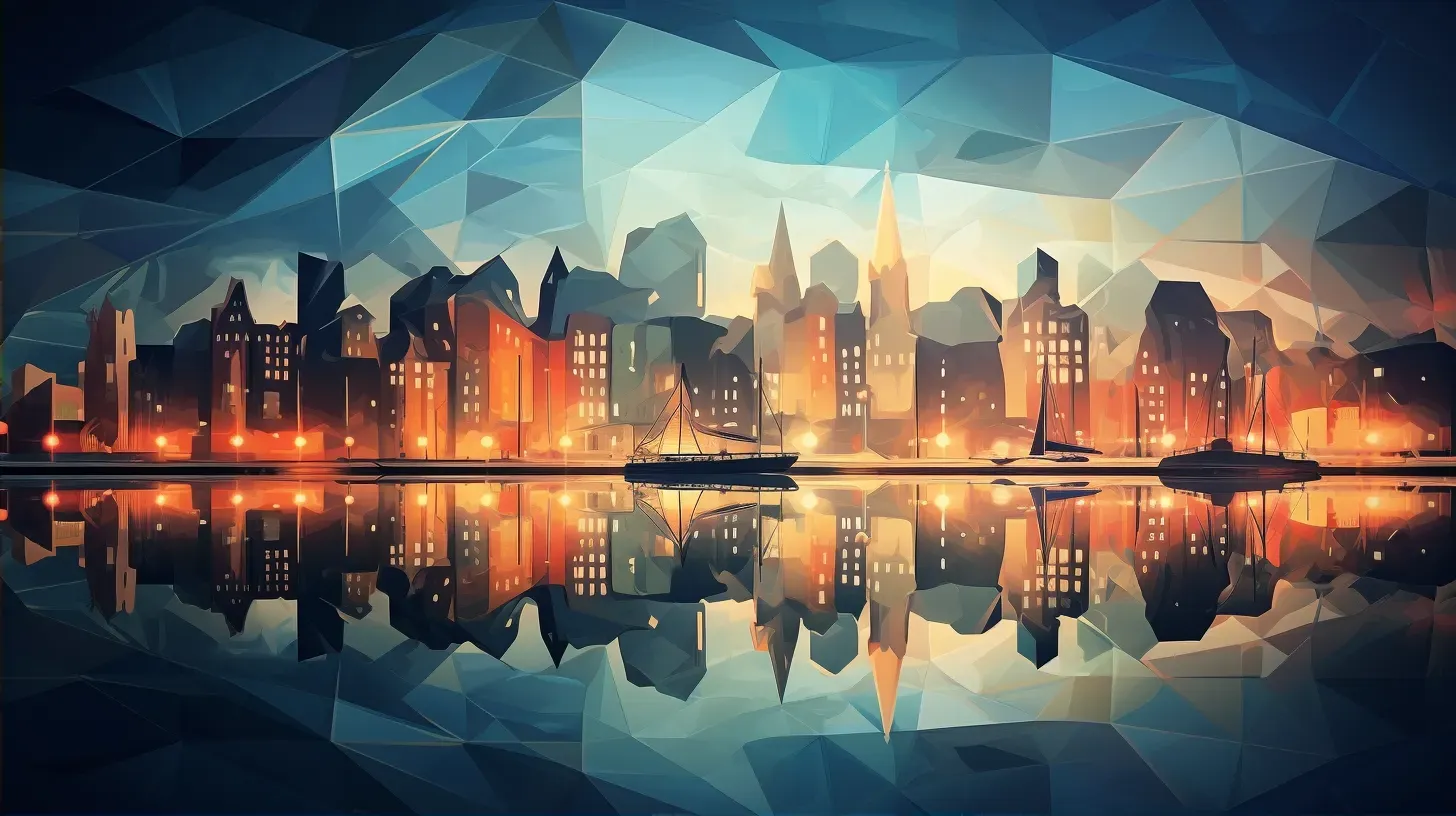 Low poly night cityscape with lit buildings and polygonal river reflection - Image 2