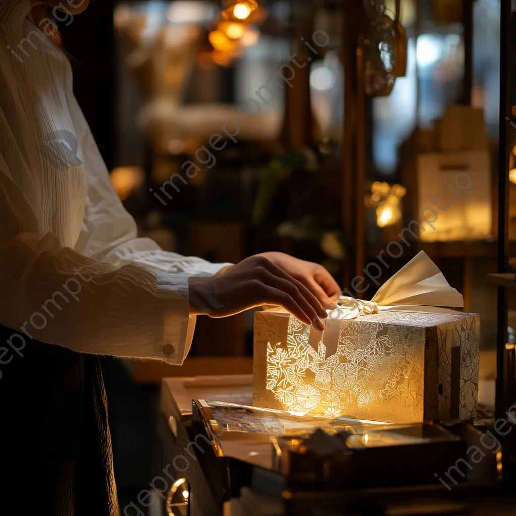 Cashier carefully wrapping a gift with decorative paper in a boutique. - Image 1