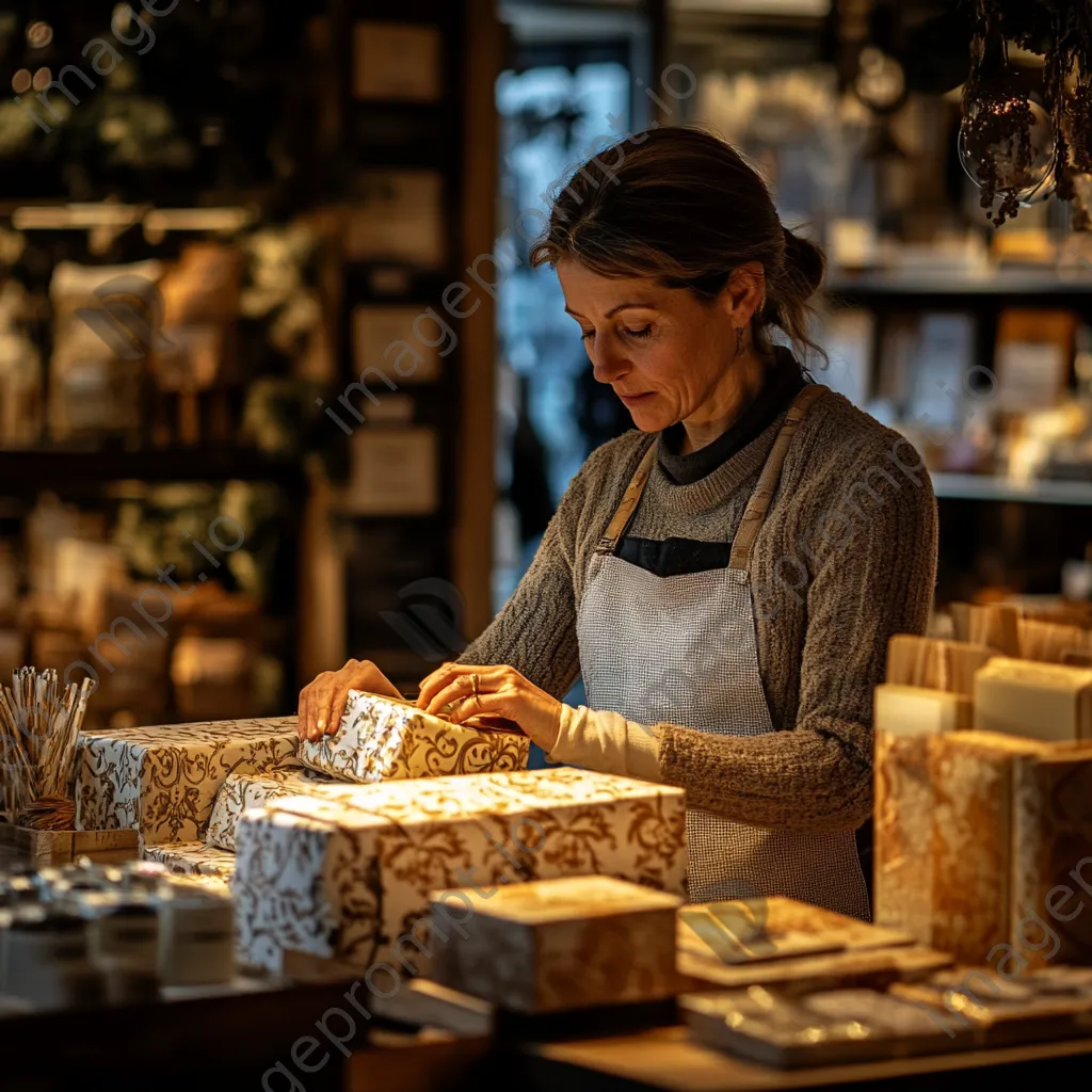 Cashier carefully wrapping a gift with decorative paper in a boutique. - Image 2