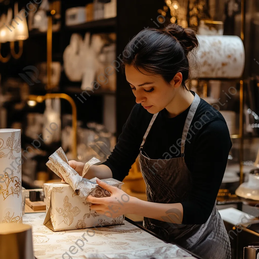 Cashier carefully wrapping a gift with decorative paper in a boutique. - Image 3