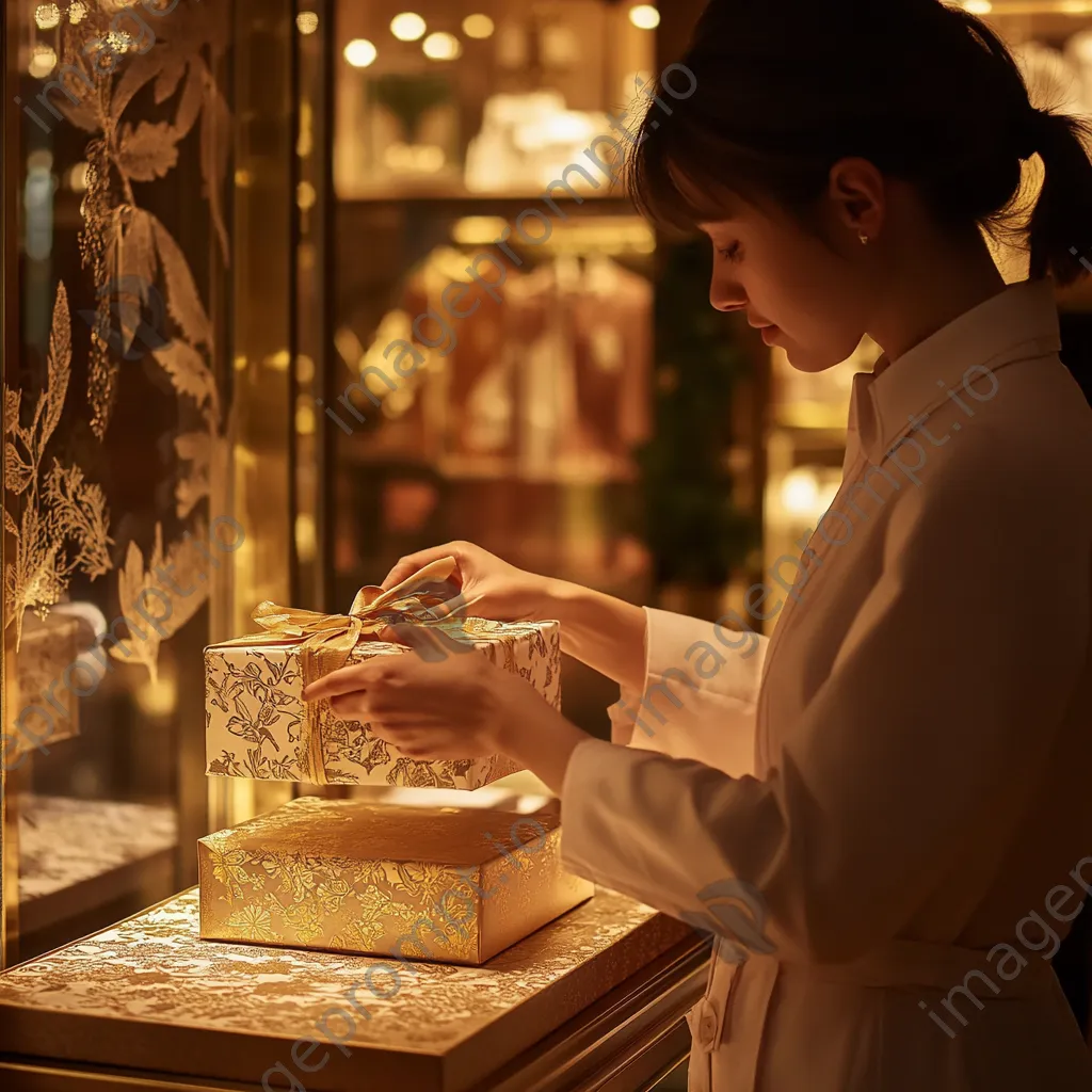 Cashier carefully wrapping a gift with decorative paper in a boutique. - Image 4