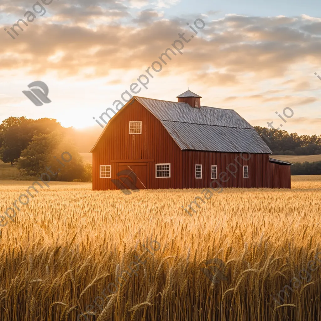 Rustic red barn in golden wheat fields at sunset - Image 1