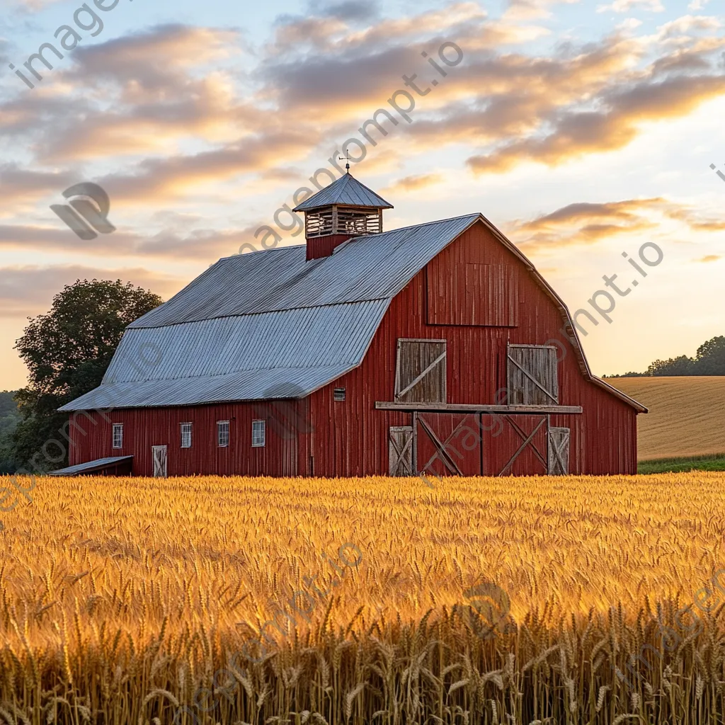 Rustic red barn in golden wheat fields at sunset - Image 2