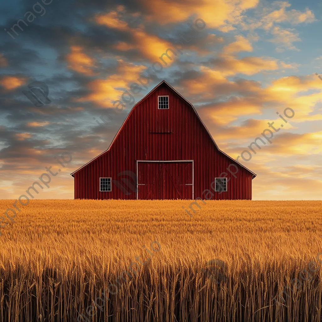 Rustic red barn in golden wheat fields at sunset - Image 3