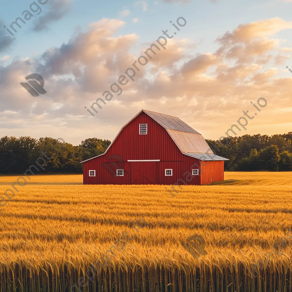 Rustic red barn in golden wheat fields at sunset - Image 4