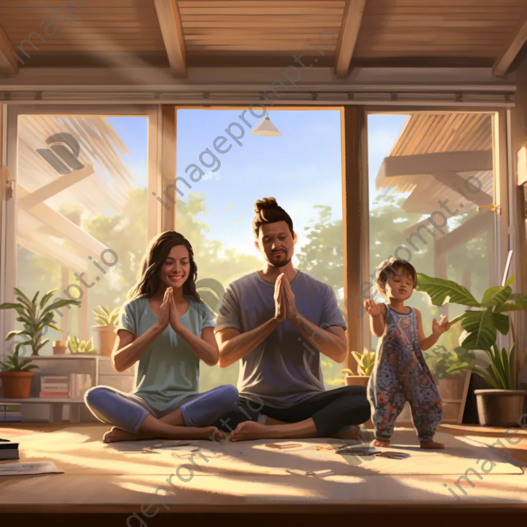 Family practicing yoga in their living room. - Image 1