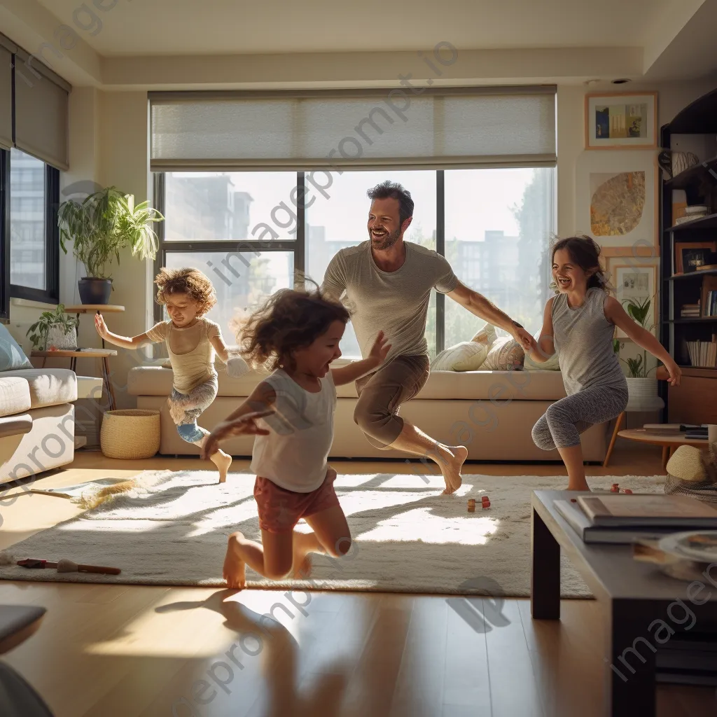 Family practicing yoga in their living room. - Image 2