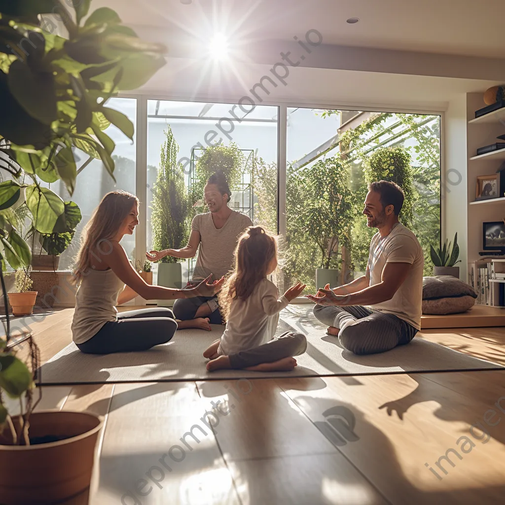 Family practicing yoga in their living room. - Image 3