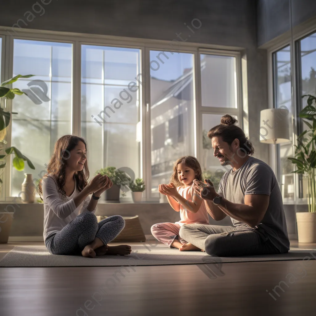 Family practicing yoga in their living room. - Image 4