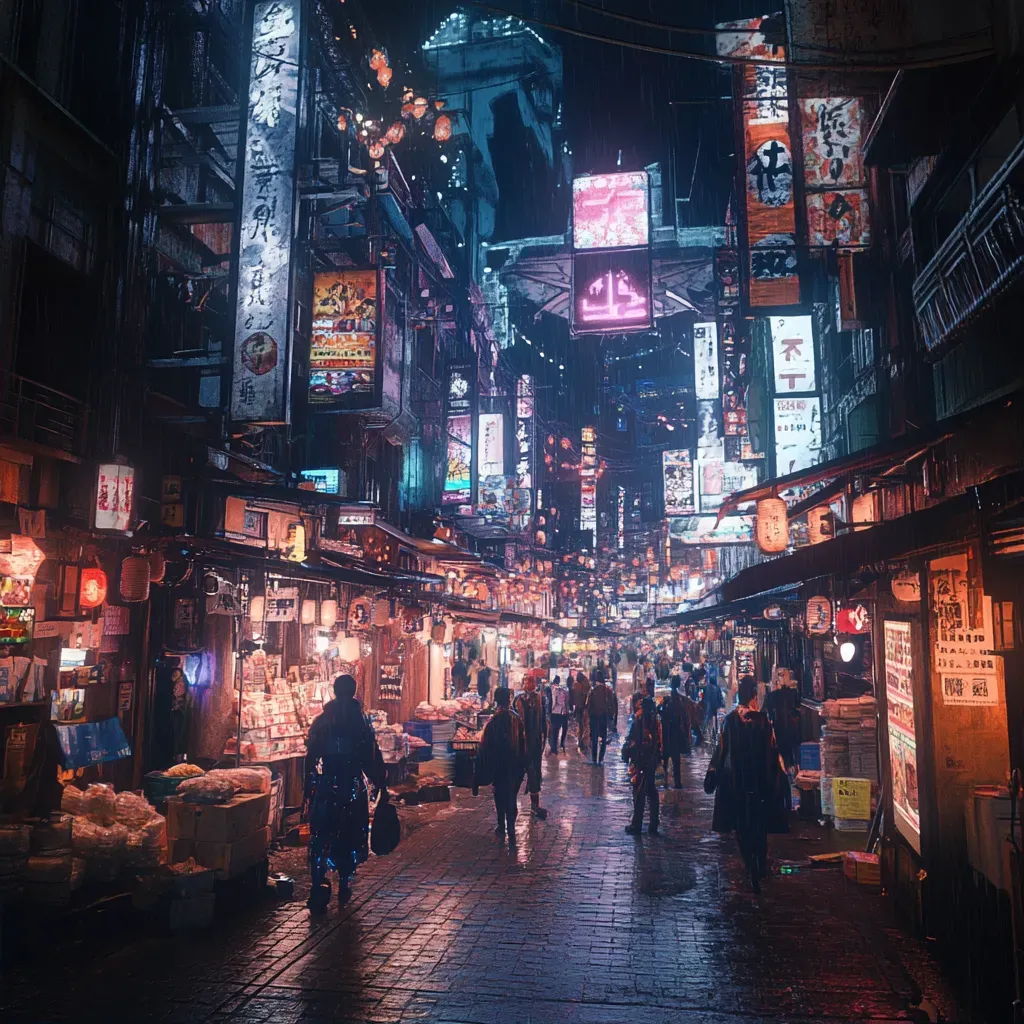 Manga-style representation of a bustling cyberpunk market street at night - Image 2