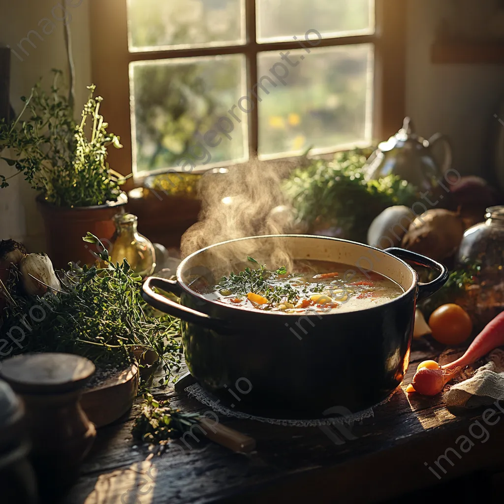 Homemade organic soup in a pot with vegetables and herbs in a cozy kitchen setting. - Image 1