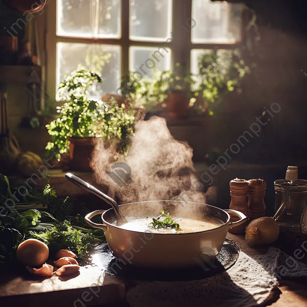 Homemade organic soup in a pot with vegetables and herbs in a cozy kitchen setting. - Image 2