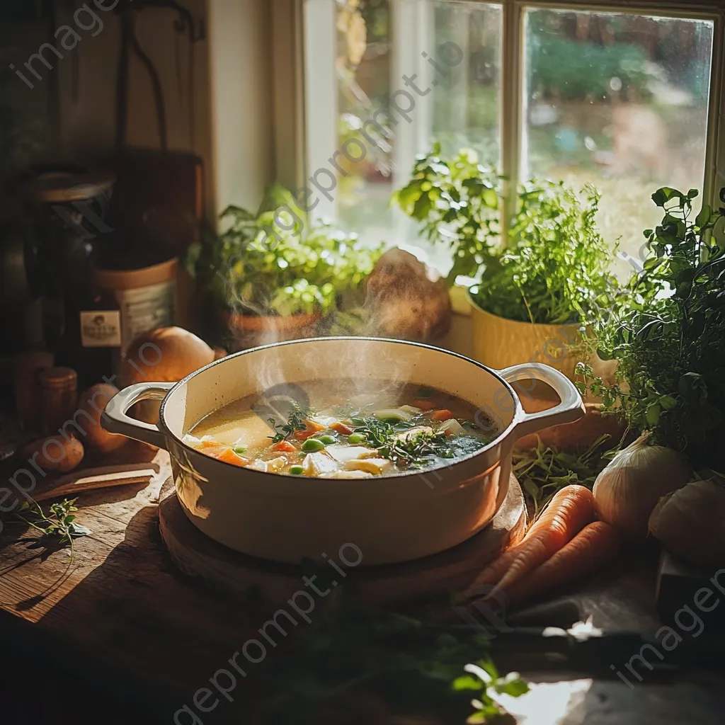 Homemade organic soup in a pot with vegetables and herbs in a cozy kitchen setting. - Image 3