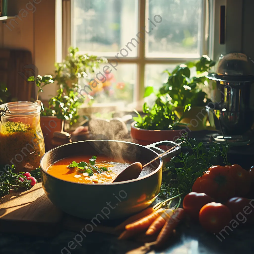 Homemade organic soup in a pot with vegetables and herbs in a cozy kitchen setting. - Image 4