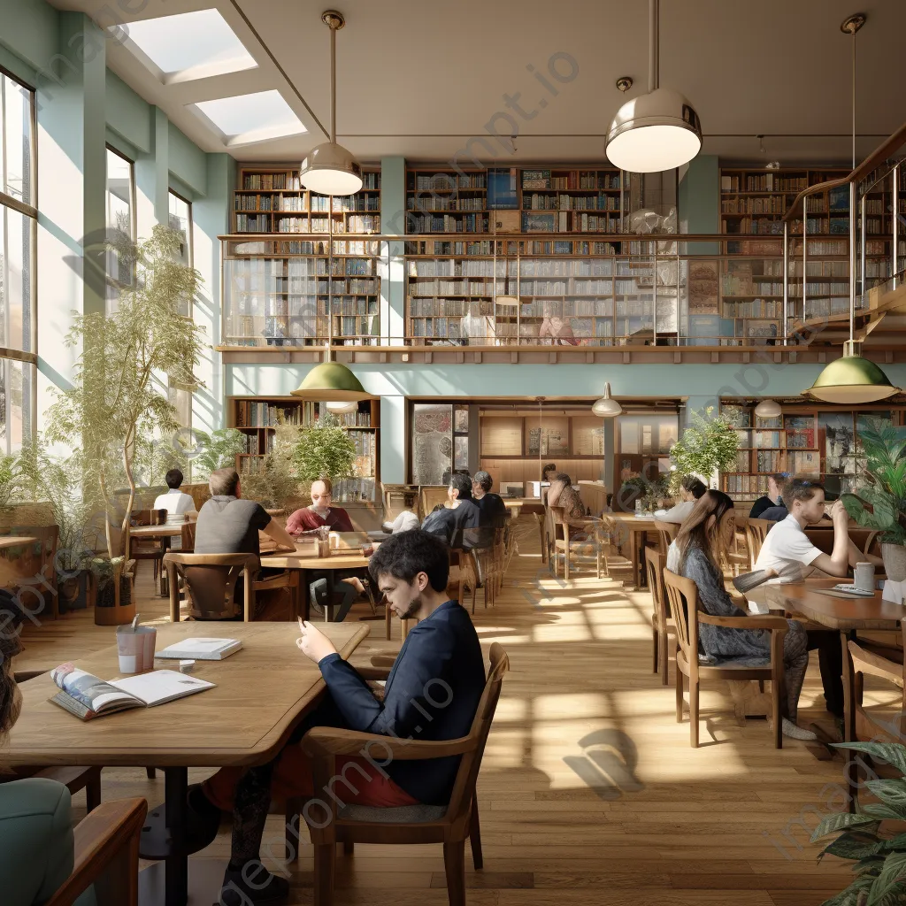 A café within a library where visitors enjoy coffee and reading. - Image 1