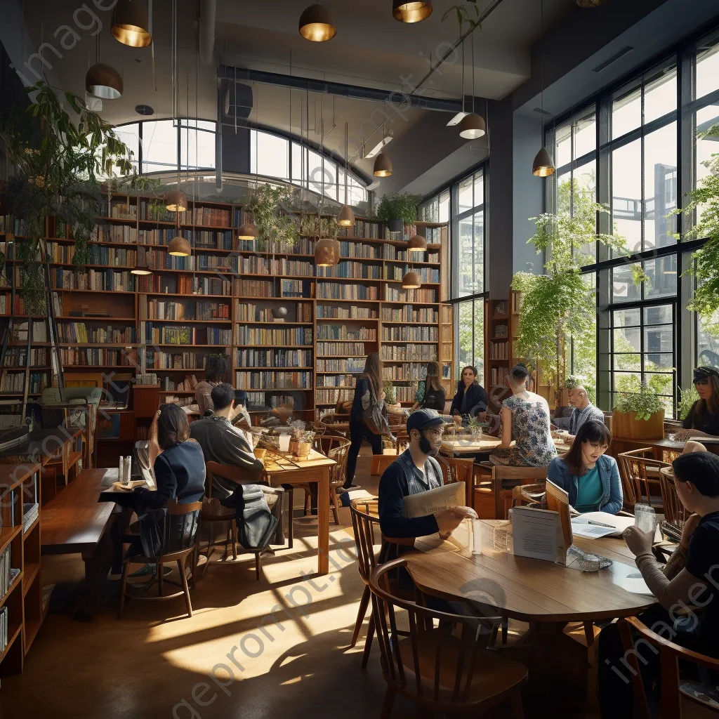 A café within a library where visitors enjoy coffee and reading. - Image 2