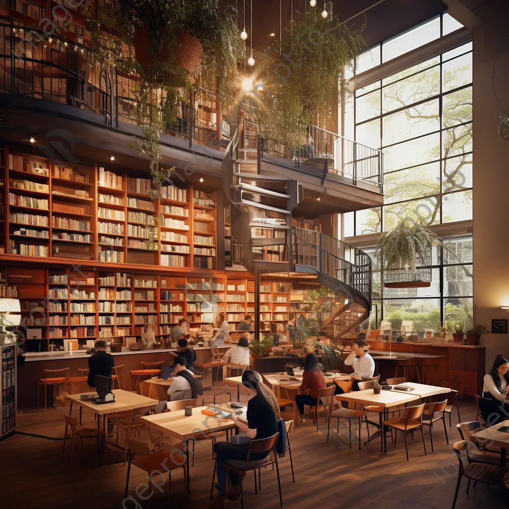 A café within a library where visitors enjoy coffee and reading. - Image 4