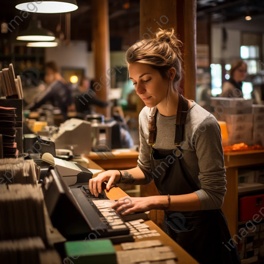 Cashier focused on counting cash at the register in a retail setting. - Image 3