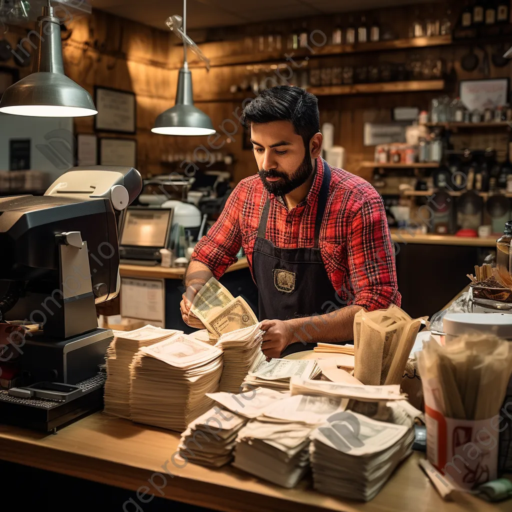 Cashier focused on counting cash at the register in a retail setting. - Image 4