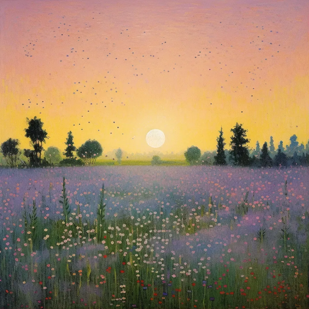 Image of a lavender field at sunset with bees buzzing among the flowers - Image 1