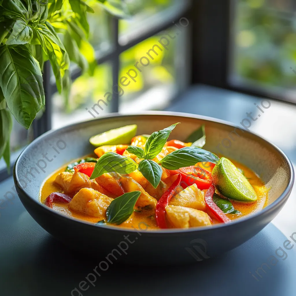 A vibrant Thai curry garnished with basil and lime on a decorative dish - Image 2