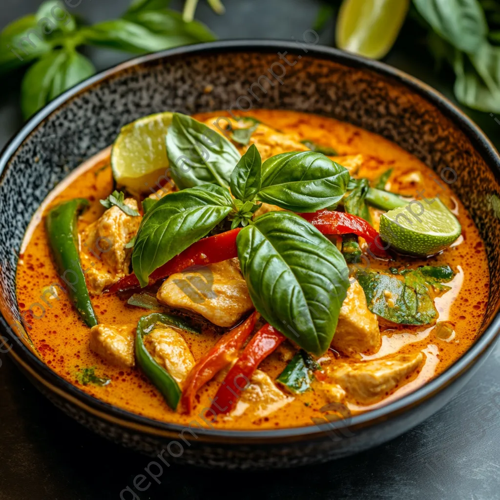 A vibrant Thai curry garnished with basil and lime on a decorative dish - Image 4