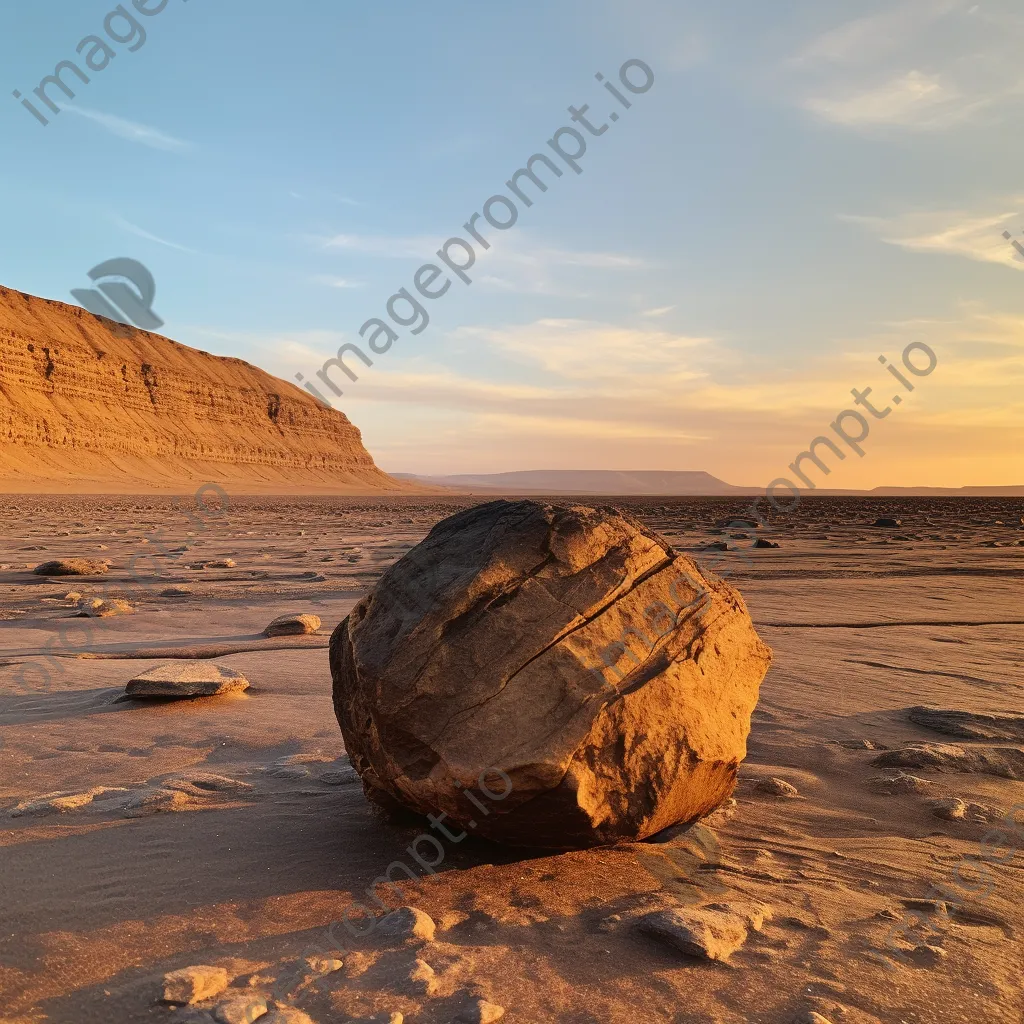 Isolated rock on sandy beach during sunset - Image 1