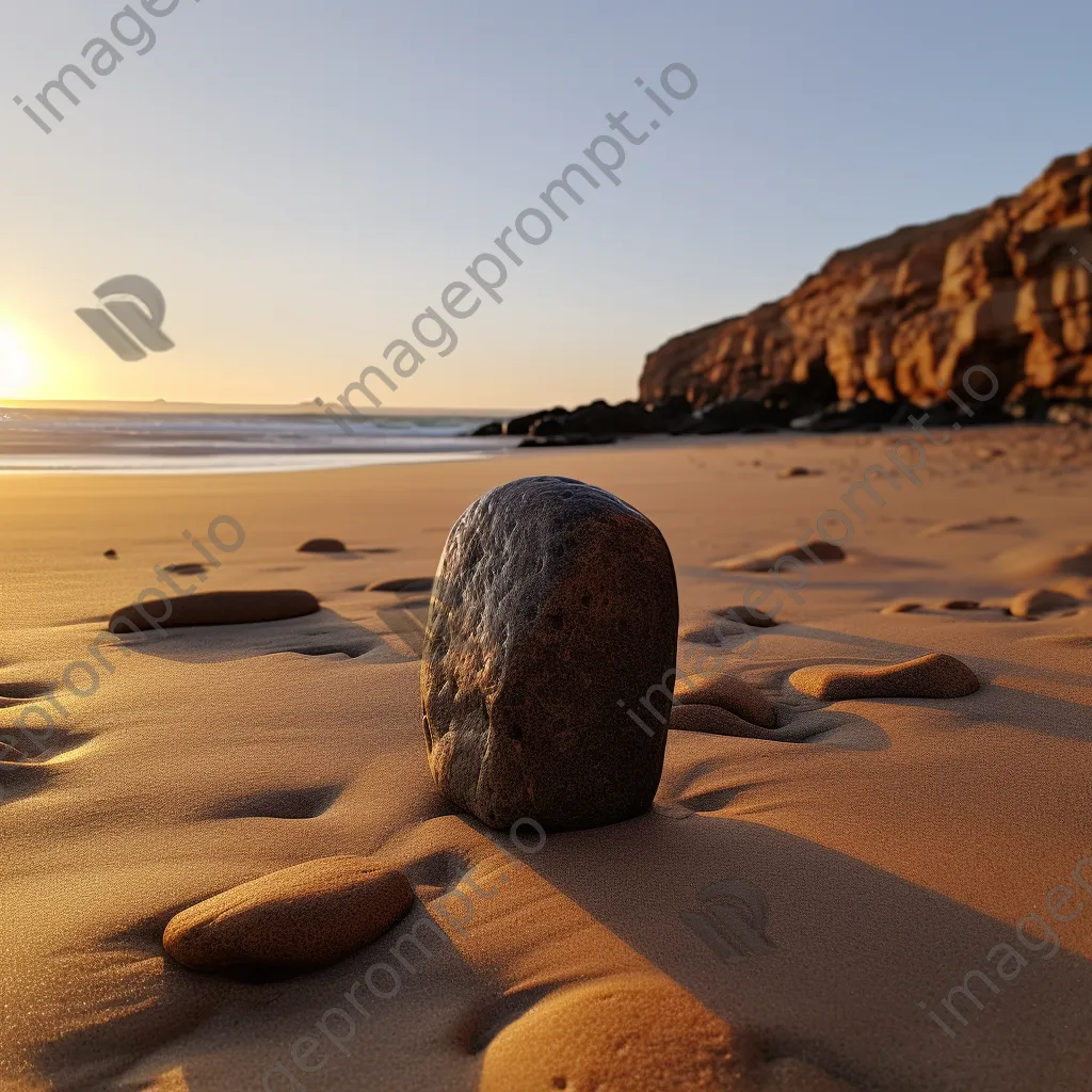 Isolated rock on sandy beach during sunset - Image 2