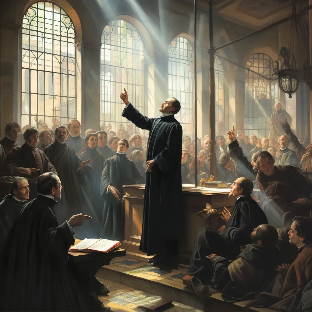 Image of priest preaching with stock exchange view - Image 2