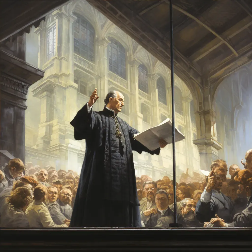 Image of priest preaching with stock exchange view - Image 4