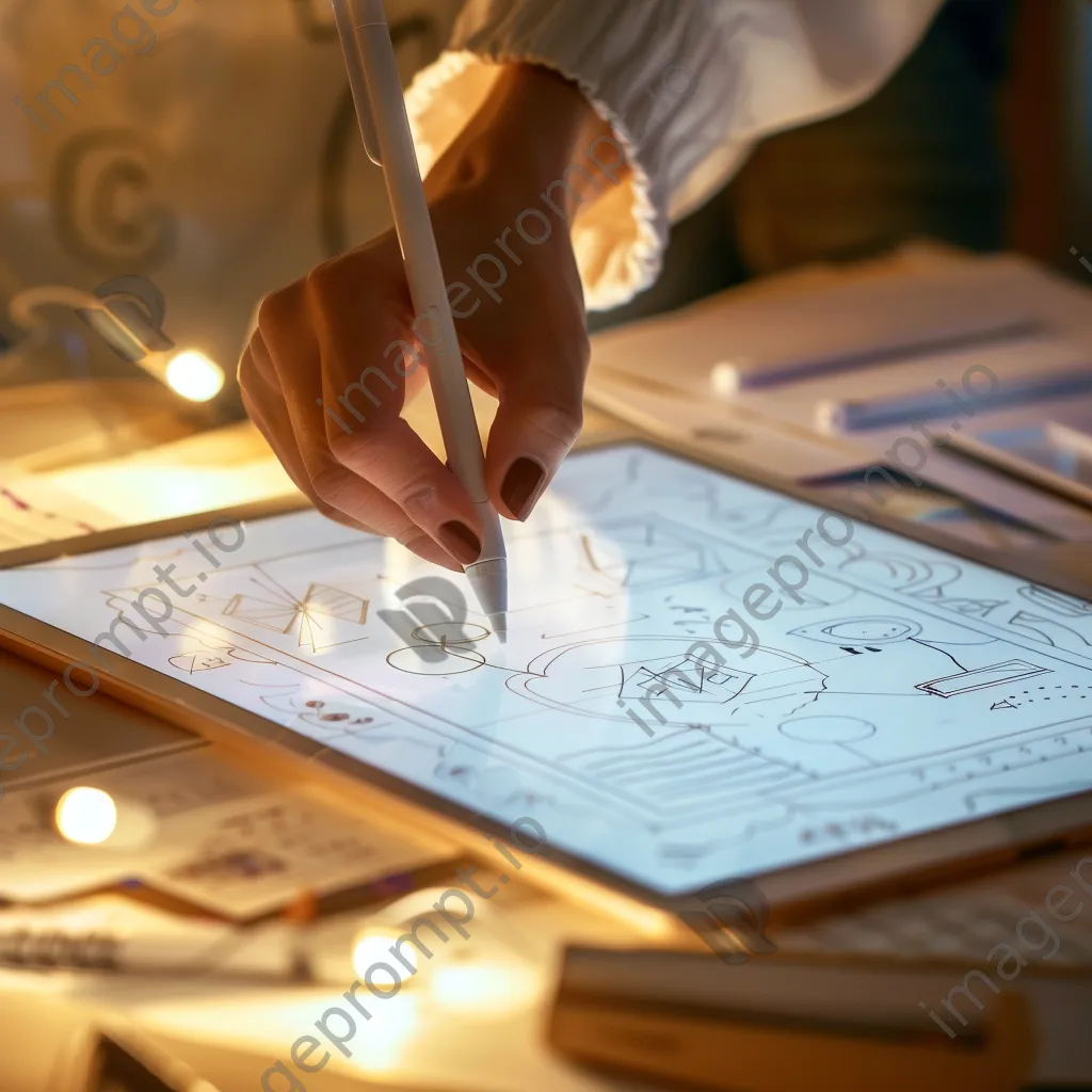 Hand using a tablet to create a digital prototype on a table. - Image 1