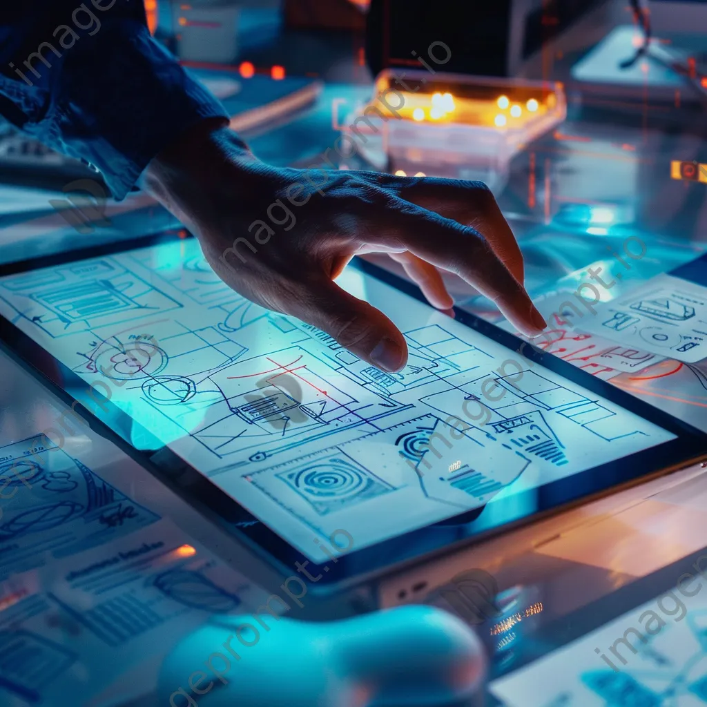 Hand using a tablet to create a digital prototype on a table. - Image 4