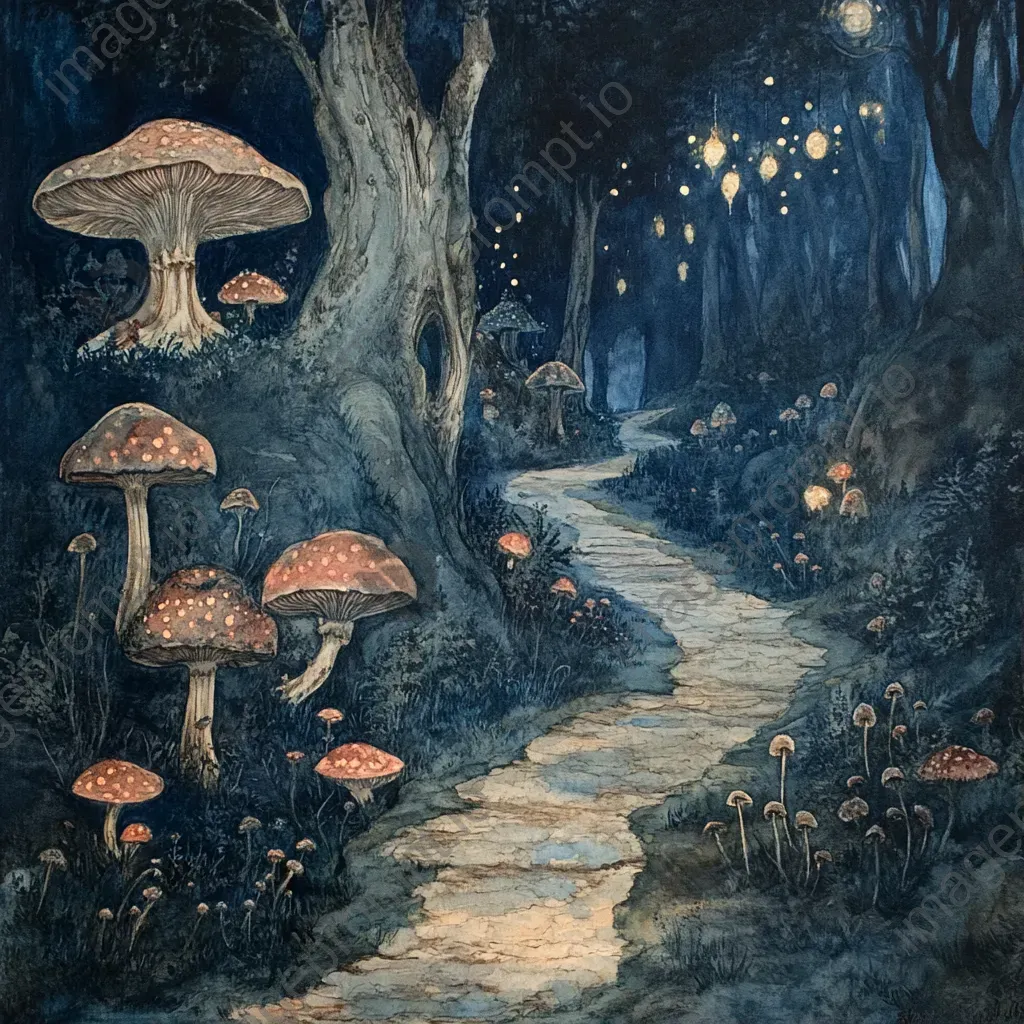 Gouache painting of an enchanted iridescent mushroom forest - Image 1