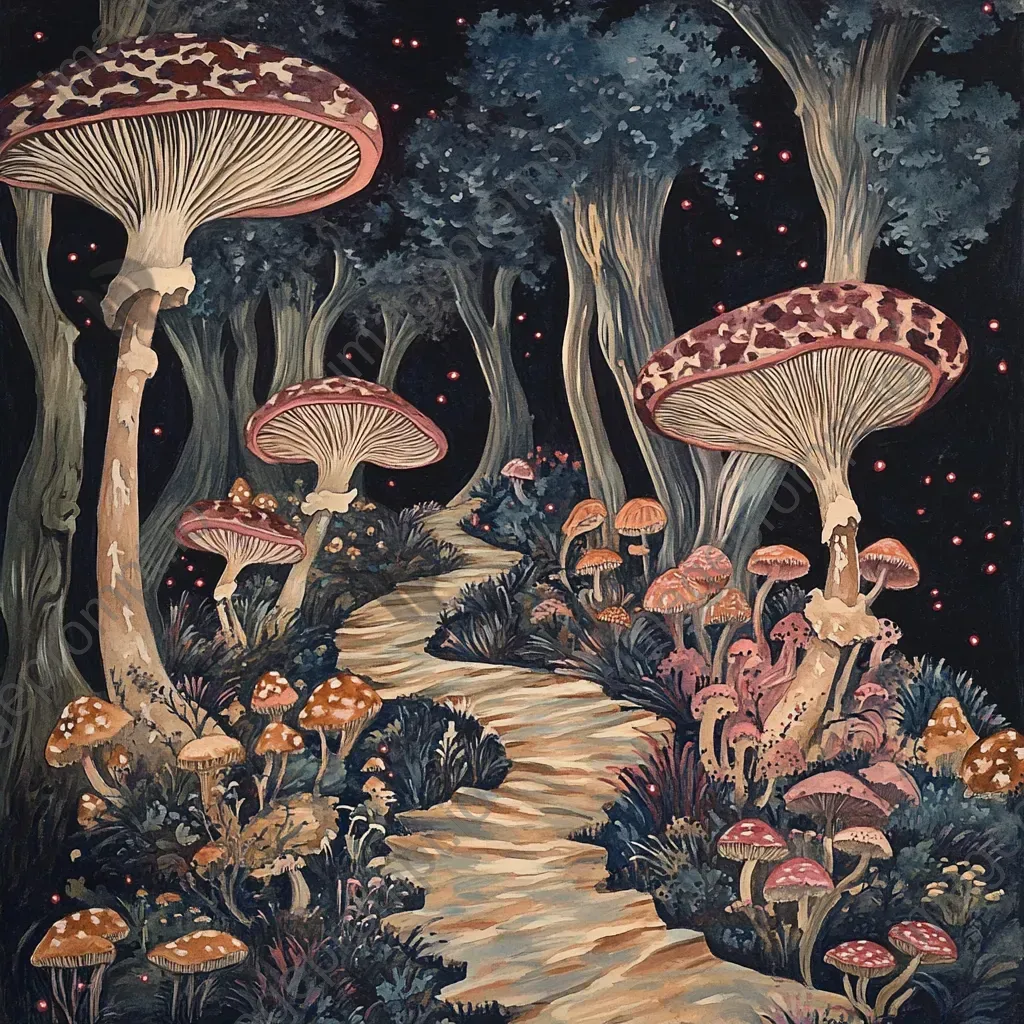 Gouache painting of an enchanted iridescent mushroom forest - Image 2