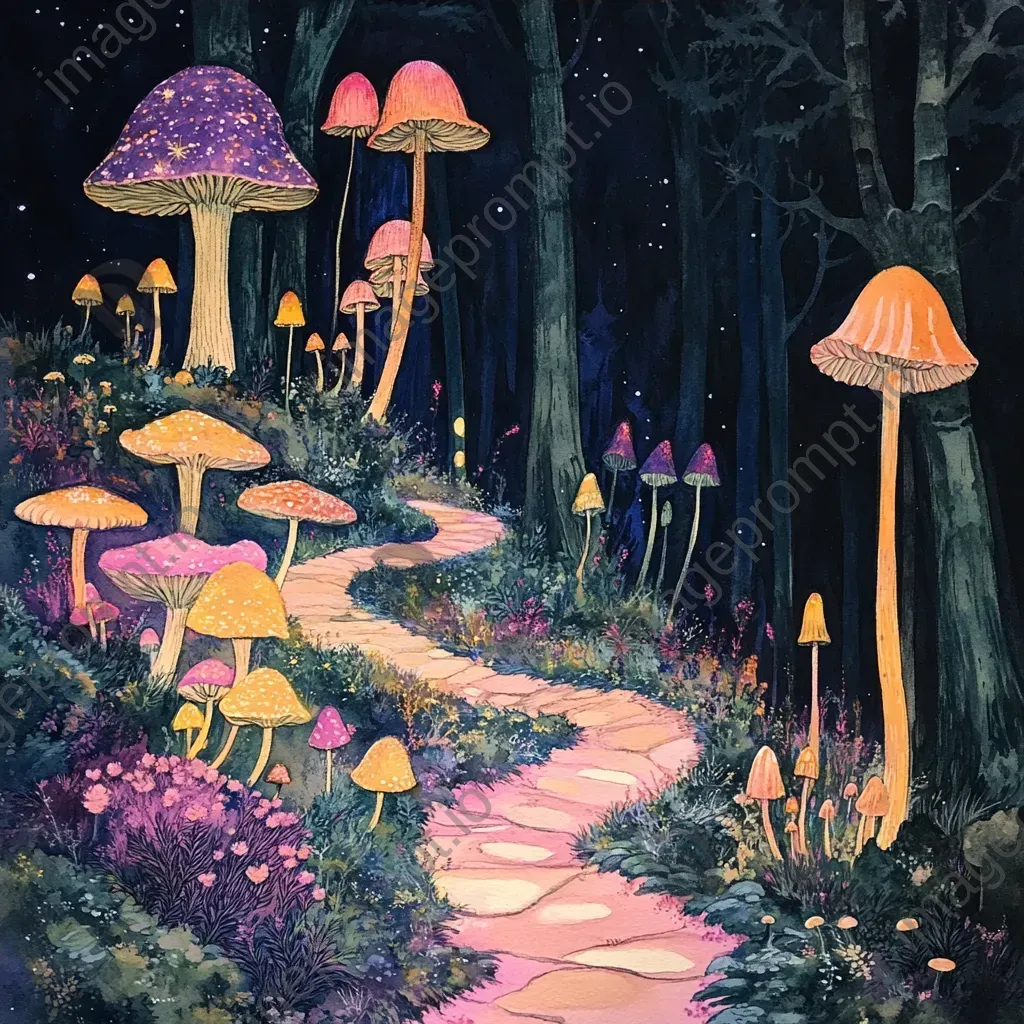 Gouache painting of an enchanted iridescent mushroom forest - Image 4