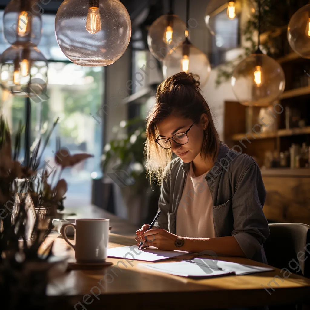 A professional taking notes with espresso in a stylish café. - Image 1