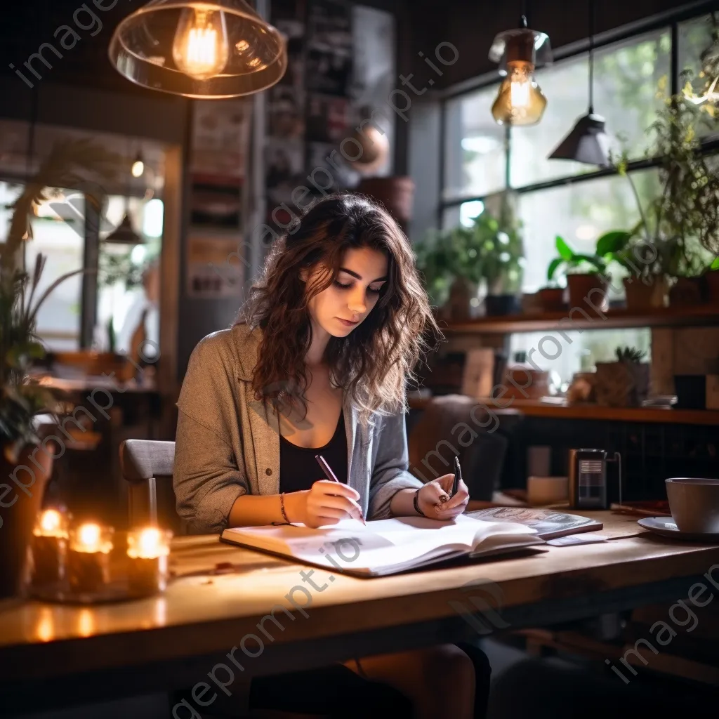 A professional taking notes with espresso in a stylish café. - Image 2