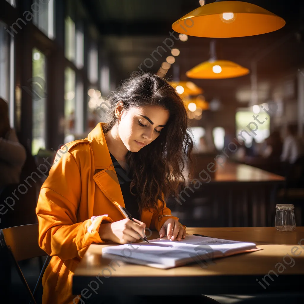 A professional taking notes with espresso in a stylish café. - Image 3