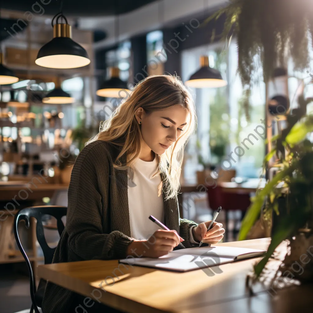 A professional taking notes with espresso in a stylish café. - Image 4