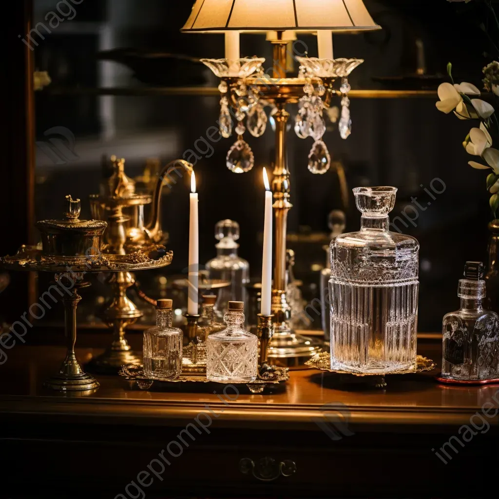 Antique brass candlesticks with candles, vintage crystal decanter on a bar cart - Image 1