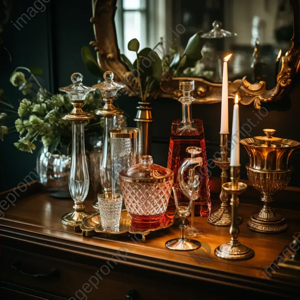 Antique brass candlesticks with candles, vintage crystal decanter on a bar cart - Image 2