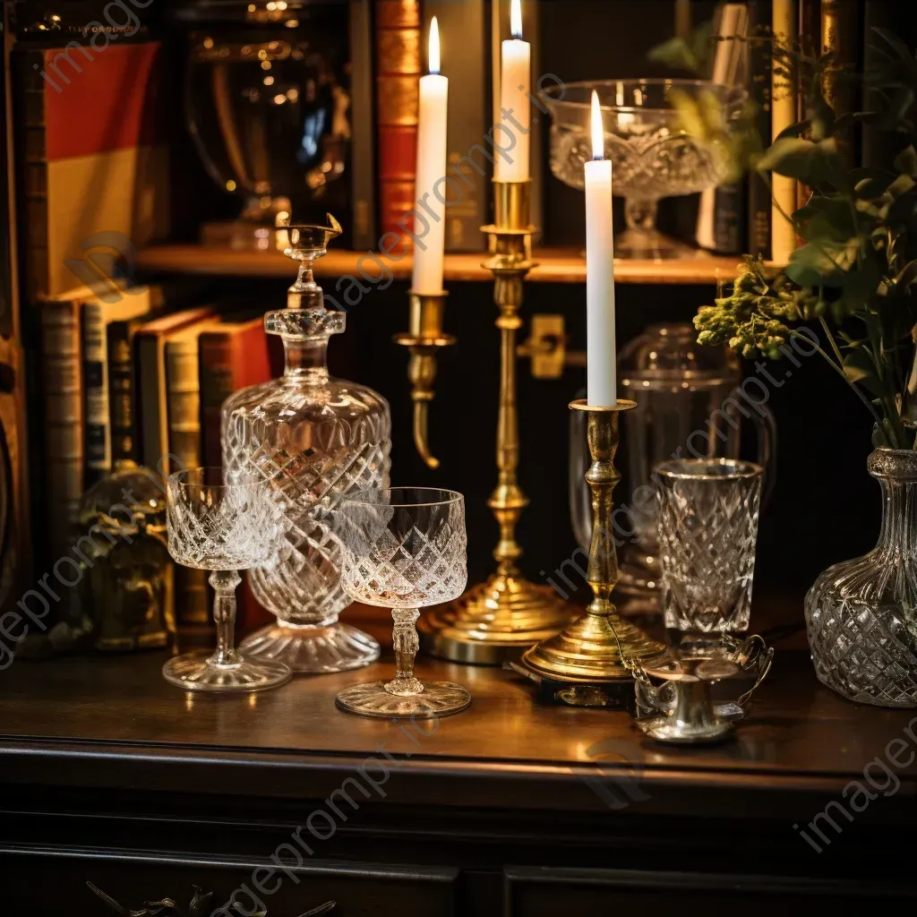 Antique brass candlesticks with candles, vintage crystal decanter on a bar cart - Image 3