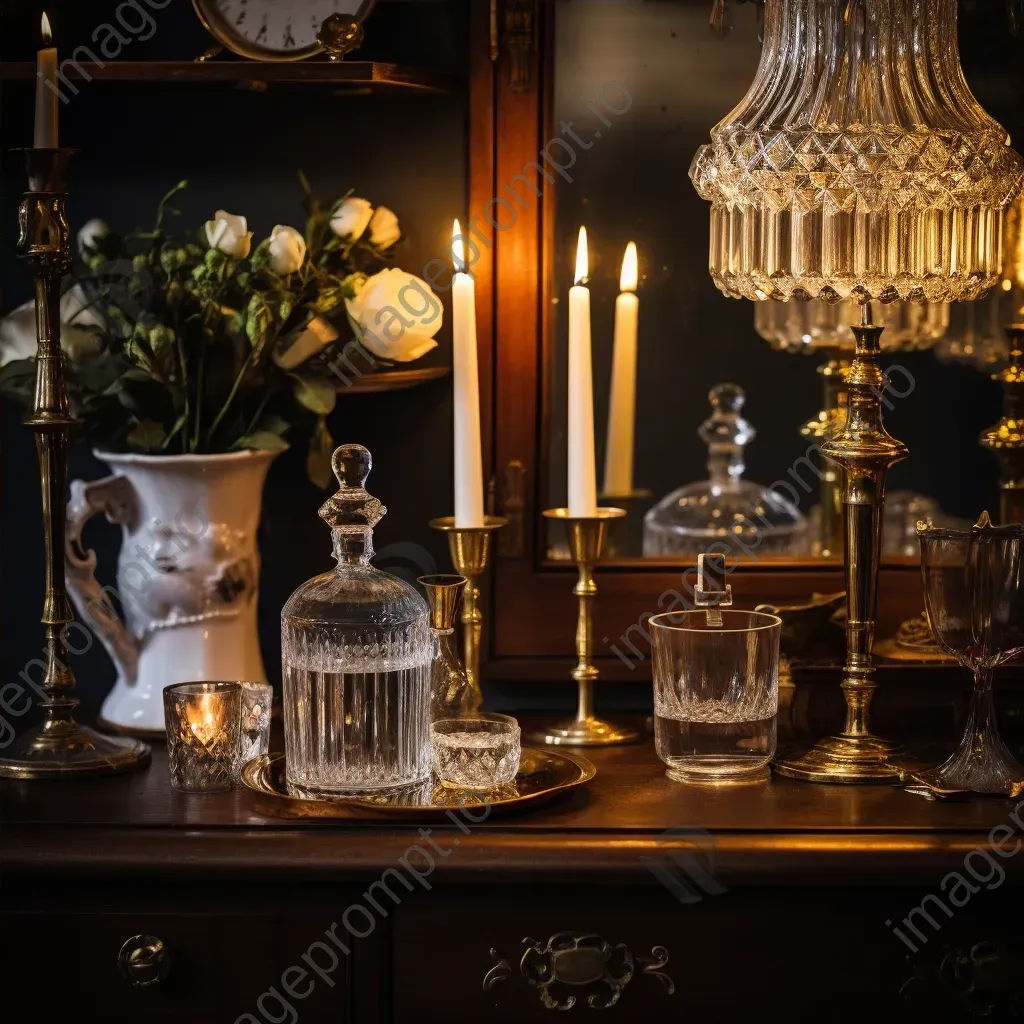 Antique brass candlesticks with candles, vintage crystal decanter on a bar cart - Image 4